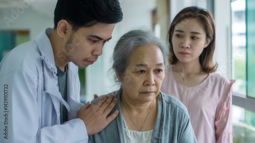 Caregiver Supporting Elderly Woman in Hospital with Family Presence