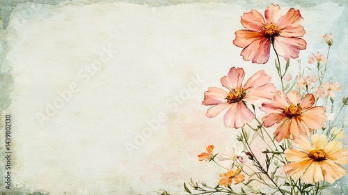 Fototapeta Naklejka Na Ścianę i Meble -  A romantic floral postcard design featuring a vintage inspired arrangement of Coreopsis flowers and soft watercolor details overlay cut out on isolated transparent removed background
