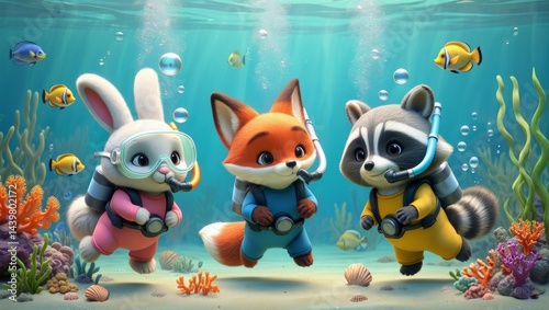 Whimsical Cartoon Animals Underwater Adventure, AI Generated