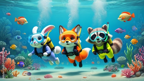 Whimsical Cartoon Animals Underwater Adventure, AI Generated