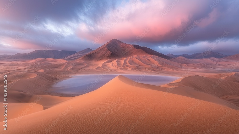 Naklejka premium Desert landscape, pink clouds, blue water, mountain backdrop