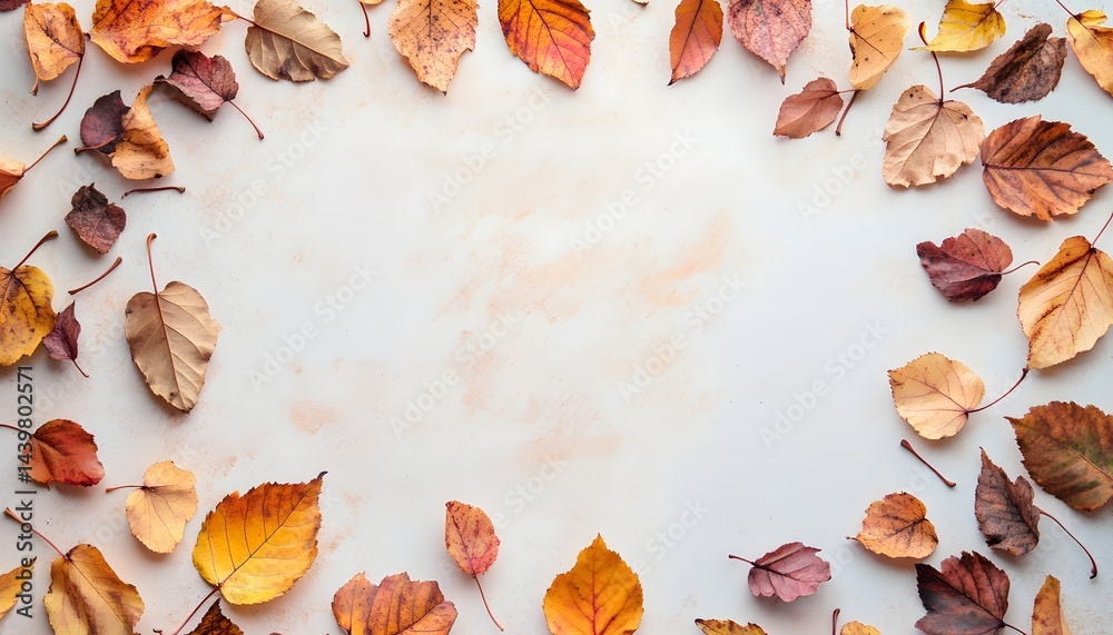 Autumn colored leaves arranged in a frame against a light background