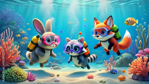 Whimsical Cartoon Animals Underwater Adventure, AI Generated