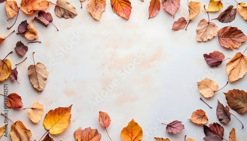 Obraz na płótnie Autumn colored leaves arranged in a frame against a light background w salonie