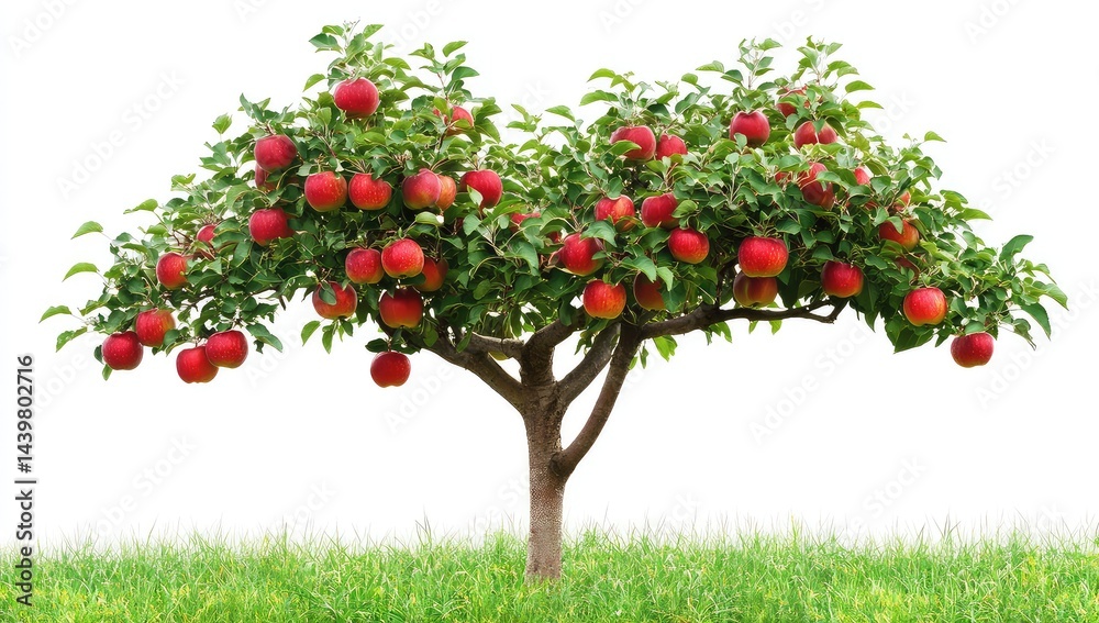 Fototapeta premium A laden apple tree with ripe red fruit, set against a white background and small patch of grass