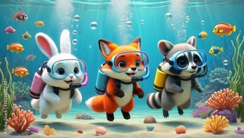 Whimsical Cartoon Animals Underwater Adventure, AI Generated