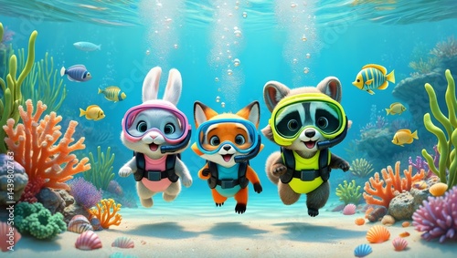 Whimsical Cartoon Animals Underwater Adventure, AI Generated