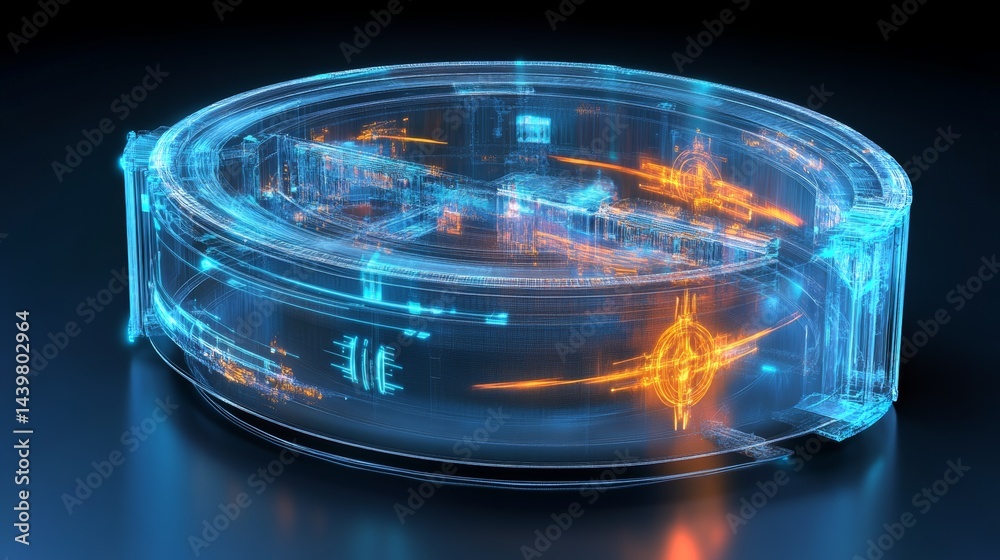 Transparent toroidal model illustrating energy dynamics in a futuristic laboratory setting