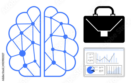 Brain network with interconnected nodes, a briefcase for business, and a data dashboard with charts and graphs. Ideal for AI, innovation, business strategy, analytics, decision-making, teamwork
