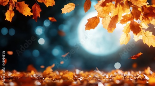 Fototapeta Naklejka Na Ścianę i Meble -  Rich autumn leaves gracefully frame a glowing full moon, crafting a picturesque autumn scene that evokes feelings of warmth and cozy societal connections during fall nights.