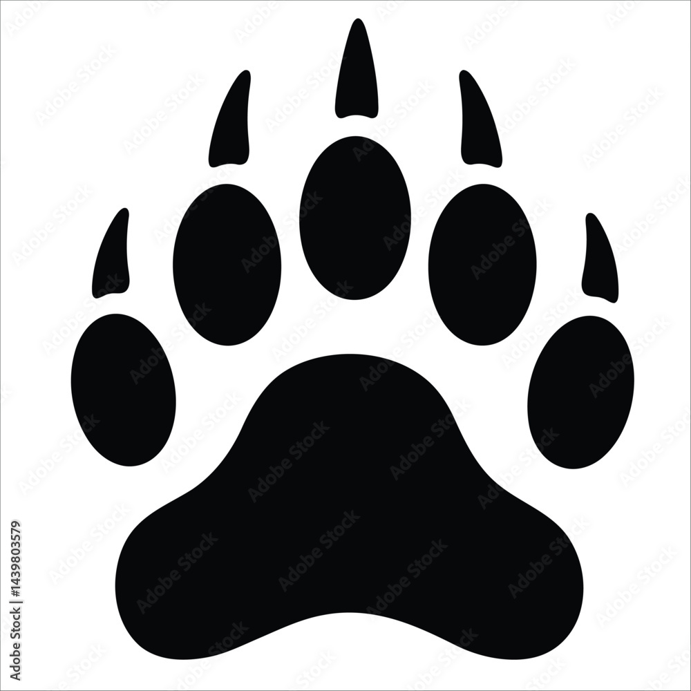 Black silhouette of a paw print with five distinct oval-shaped pads and sharp, elongated claws.