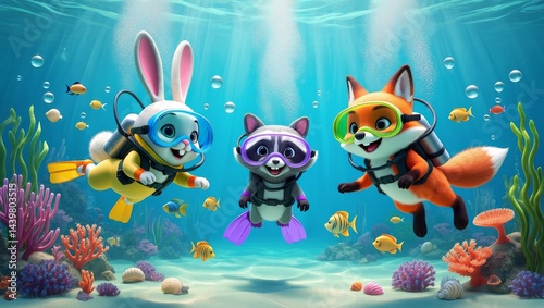 Whimsical Cartoon Animals Underwater Adventure, AI Generated