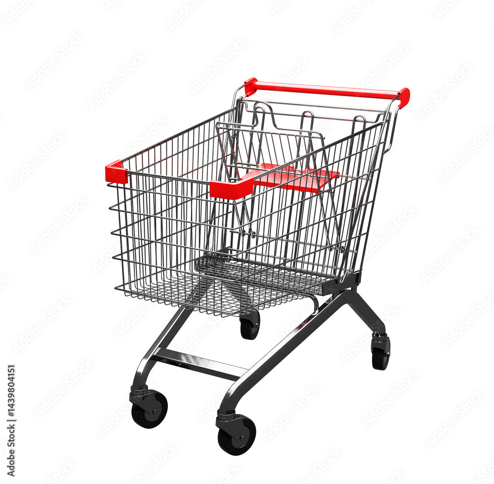 Isolated shopping cart with red handles angled view Isolated shopping cart with red handles angled view