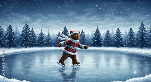 Bear ice skating in winter wonderland forest