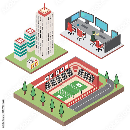 Isometric Cityscape Vector Illustration with Gaming Cafe, Esports Arena, and VR Arcade for Urban Planning Concepts and Entertainment Industry Visualizations.