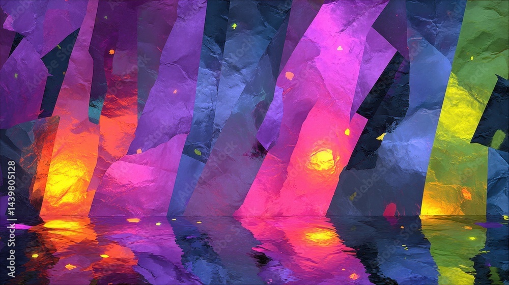 Fototapeta premium Abstract colorful paper art with vibrant light reflections on water surface and crumpled texture