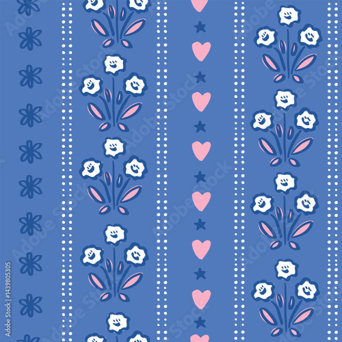 Seamless pattern with freehand ink doodle abstract flowers. Trendy floral vertical stripe background. Hand drawn vector illustration. Boho, cottage core, retro wallpaper.