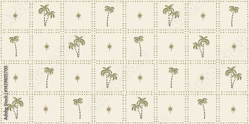 Seamless pattern with freehand ink doodle abstract palm trees and stars in grid.Trendy tropical block print checkered background. Hand drawn vector illustration. Boho, coastal beach, jungle wallpaper.