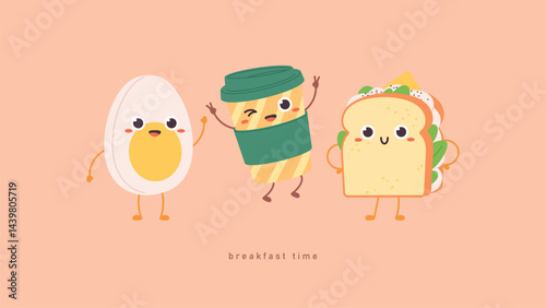 Breakfast food. Fresh sandwich with cheese and sauce, egg and coffee takeaway mug. Funny happy characters, positive morning vector background