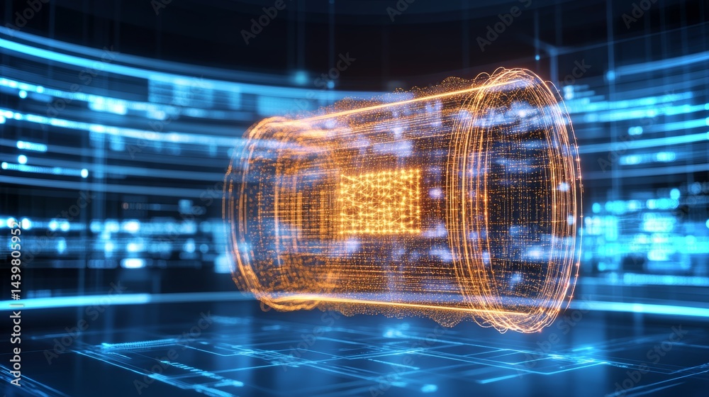 Visualizing subatomic particles through a dynamic volumetric hologram in a futuristic lab setting