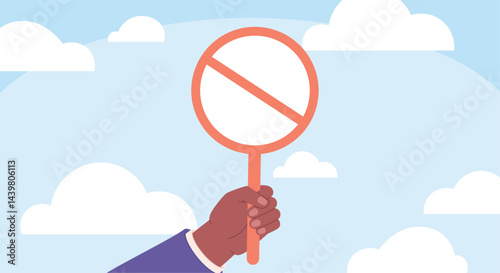 Hand holding empty prohibition sign. Crossed out circle, prohibitions. No entry, stop smoking, eating fast food or drink alcohol. Cartoon vector background