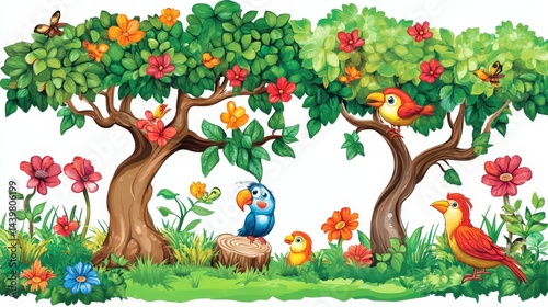 Wallpaper Mural Colorful Illustration of Birds and Trees in Vibrant Nature Scene Torontodigital.ca