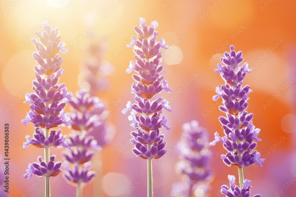 Obraz premium Vibrant lavender blossoms bathed in golden sunlight.