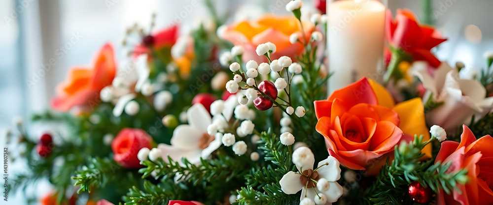 Fototapeta premium close up of a bouquet of flowers with a candle
