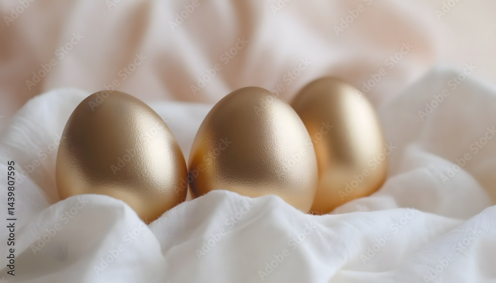 Three golden eggs are nestled amongst delicate white fabrics
