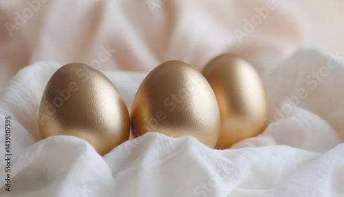 Obraz na płótnie Three golden eggs are nestled amongst delicate white fabrics w salonie