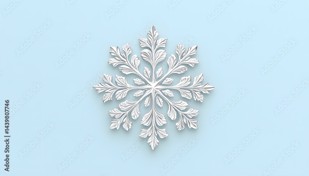 Detailed white snowflake ornament centered against light blue background