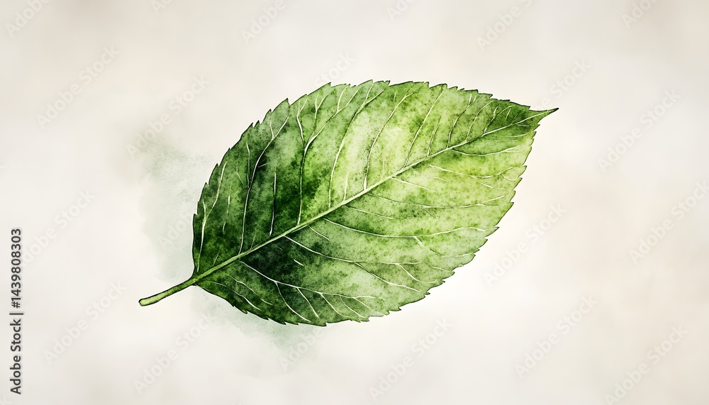A single green leaf detailed in a watercolor style of painting