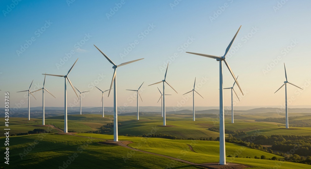 Rows of white wind turbines stretch across rolling green hills under a clear blue sky, illustrating the scale of wind energy and harmony with nature Rows of white wind turbines stretch across rolling green hills under a clear blue sky, illustrating the scale of wind energy and harmony with nature