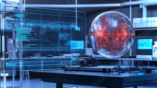 Innovative laboratory featuring a floating hologram and advanced technology for scientific research