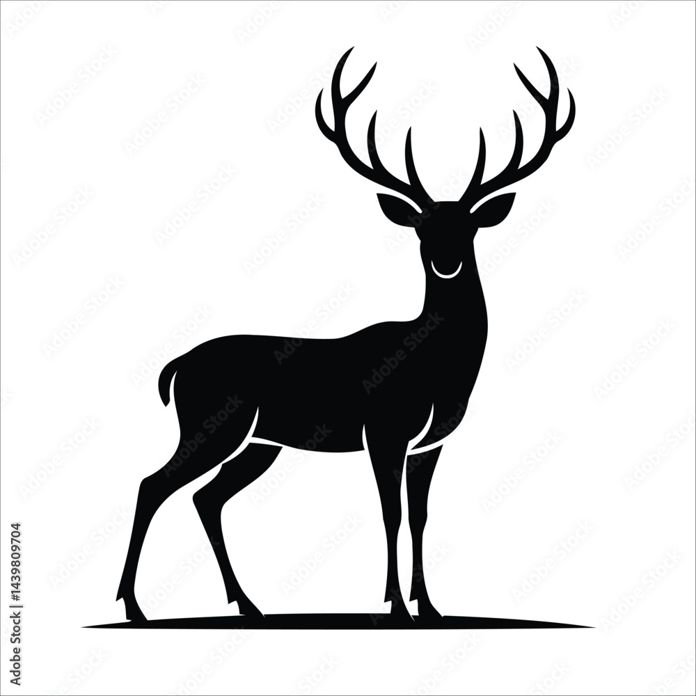 Fototapeta premium Silhouette of a deer in a standing position, showcasing large, branching antlers. The image is monochromatic,