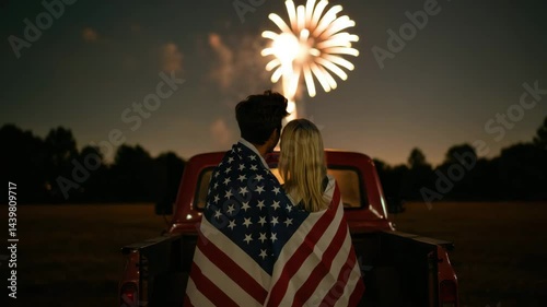 A young couple wrapped in the American flag watches fireworks in a field at night, symbolizing love, freedom, and celebration.