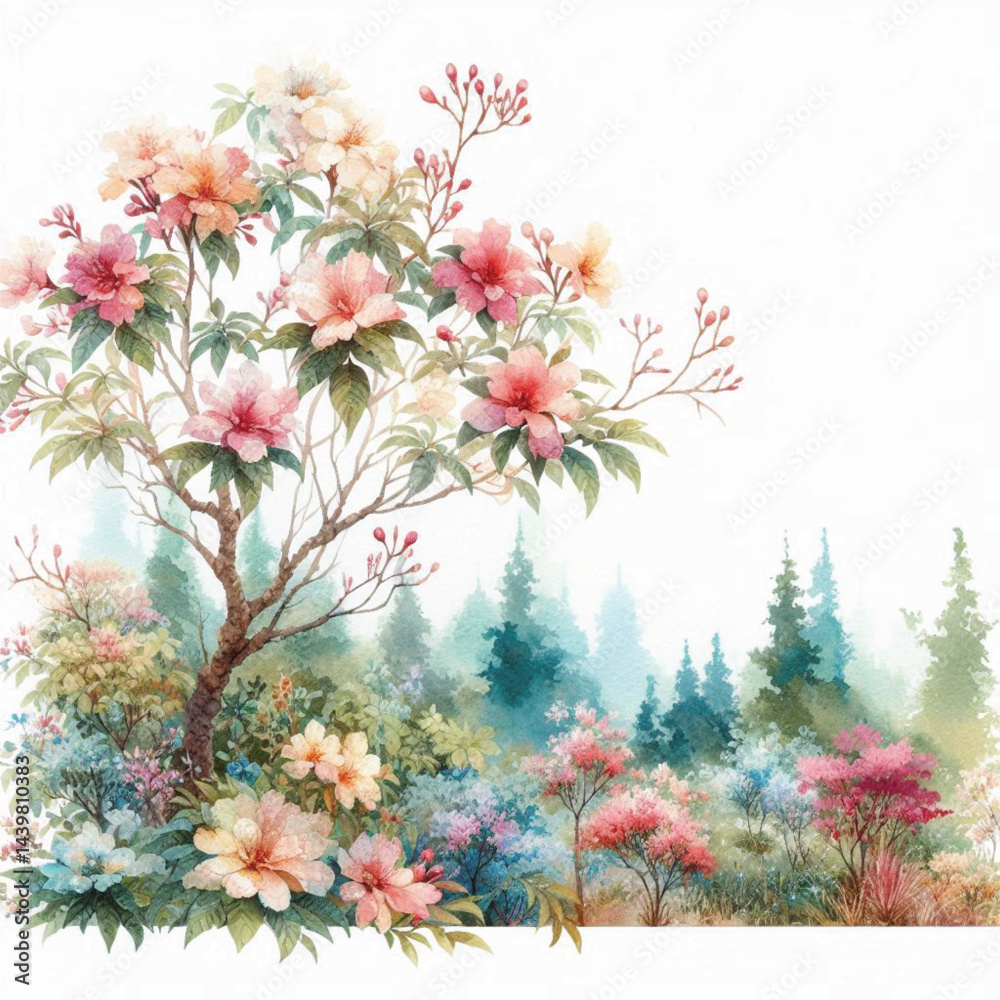 Beautiful Blooming Tree with Pink and White Flowers in Spring – Floral Nature Illustration Beautiful Blooming Tree with Pink and White Flowers in Spring – Floral Nature Illustration