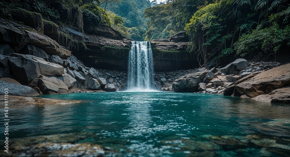 Naklejka premium Waterfall pool with rocky jungle basin background