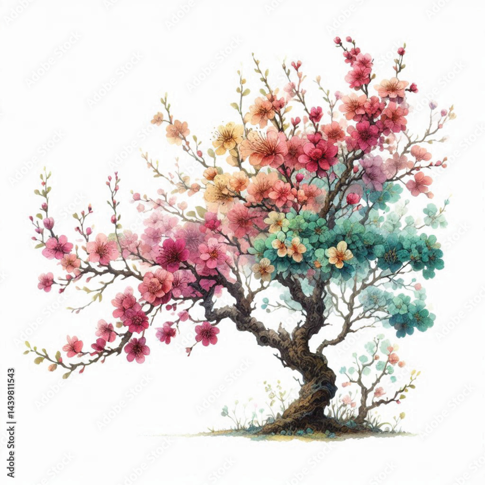 Obraz premium Beautiful Blooming Tree with Pink and White Flowers in Spring – Floral Nature Illustration 