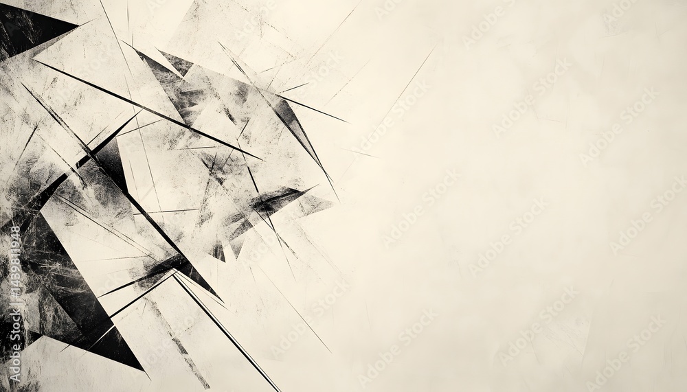Abstract geometric lines and shapes appear with scratchy textures and light contrast