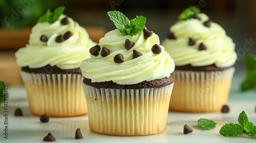 Wallpaper Mural Delicious chocolate cupcakes with creamy vanilla frosting mint food leaf sweet tasty treat sugar Torontodigital.ca