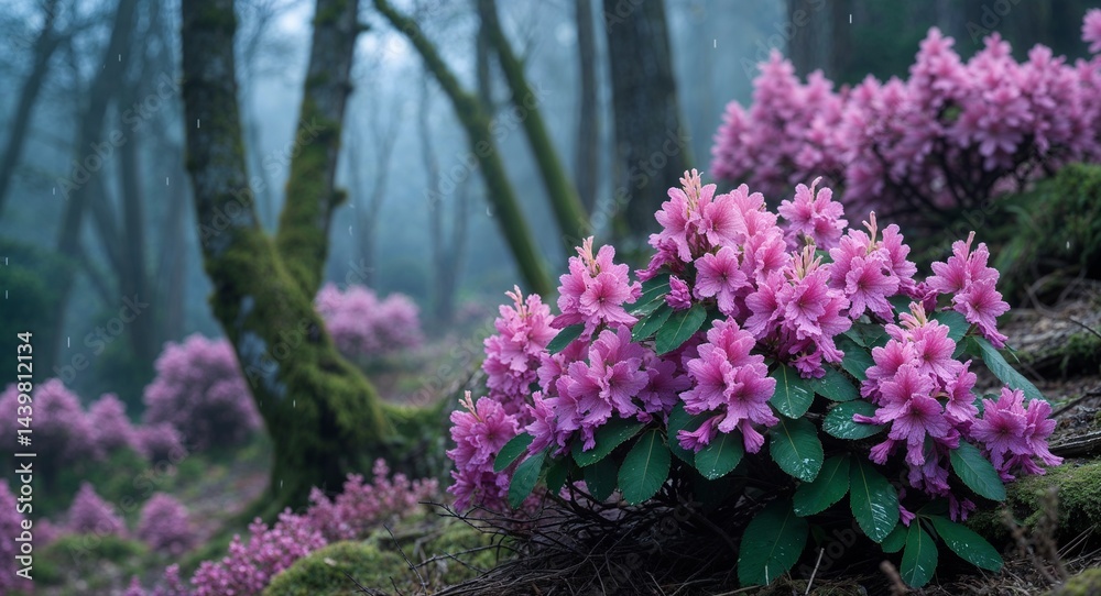 Obraz premium Azalea with dew covered forest edge background