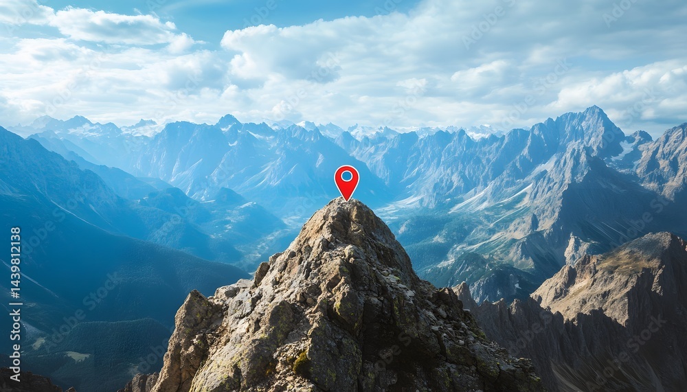 A red location pin marking the summit of a mountain landscape