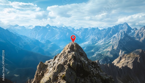 Obraz na płótnie A red location pin marking the summit of a mountain landscape w salonie