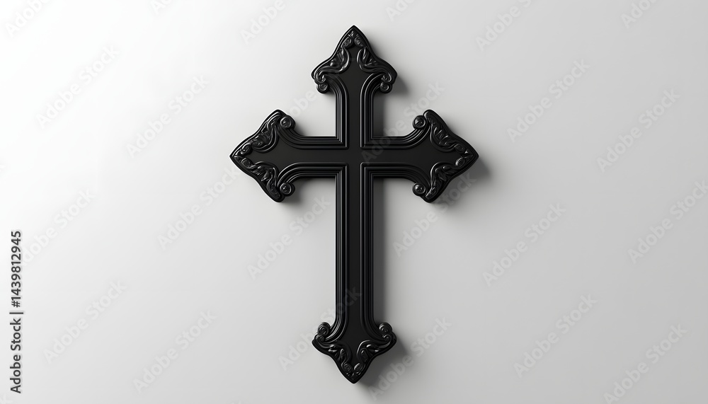 A decorative black cross is shown against a white background