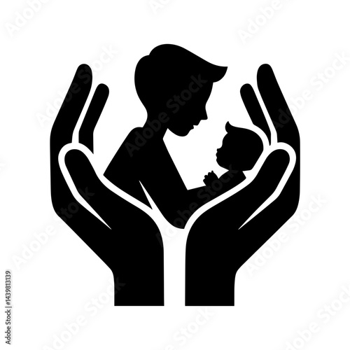 Parental Care Icon: A symbolic illustration depicts a parent gently cradling a baby within protective hands, representing love, care, and security.