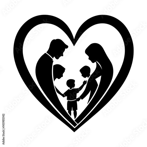 Family in Heart: An illustration of a loving family, depicted in silhouette within the embrace of a heart, symbolizing the strong bonds of familial love and togetherness.