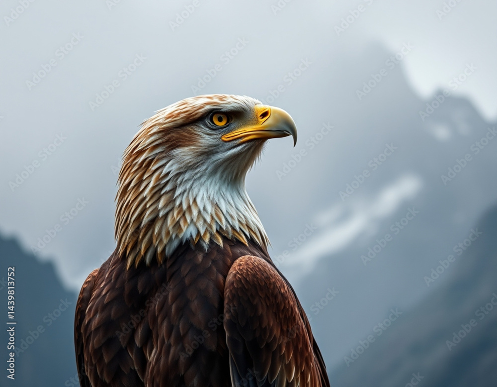 Obraz premium A majestic bald eagle perched proudly with a mountainous backdrop. 