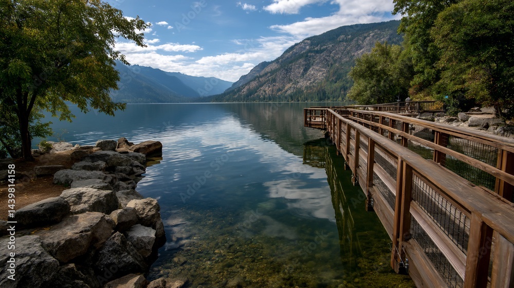 Fototapeta premium Peaceful lake shore with wooden boardwalk, mountains reflected in still water. Ideal for travel or nature photography