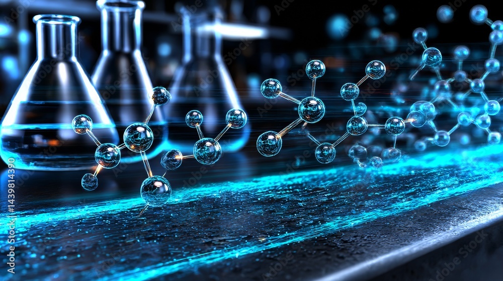 Modern lab lit by blue light featuring advanced holograms and molecular models